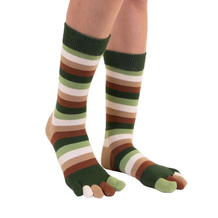 STRIPY prstové pruhované ponožky ToeToe zelená / hnědá
