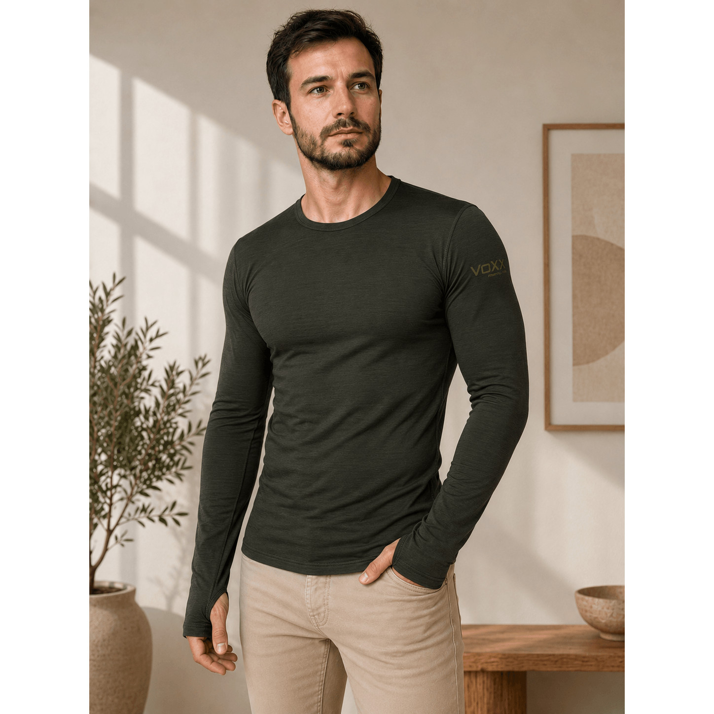 MERINOWOOL 03 pánské slim tričko s dlouhým rukávem VoXX khaki 3XL